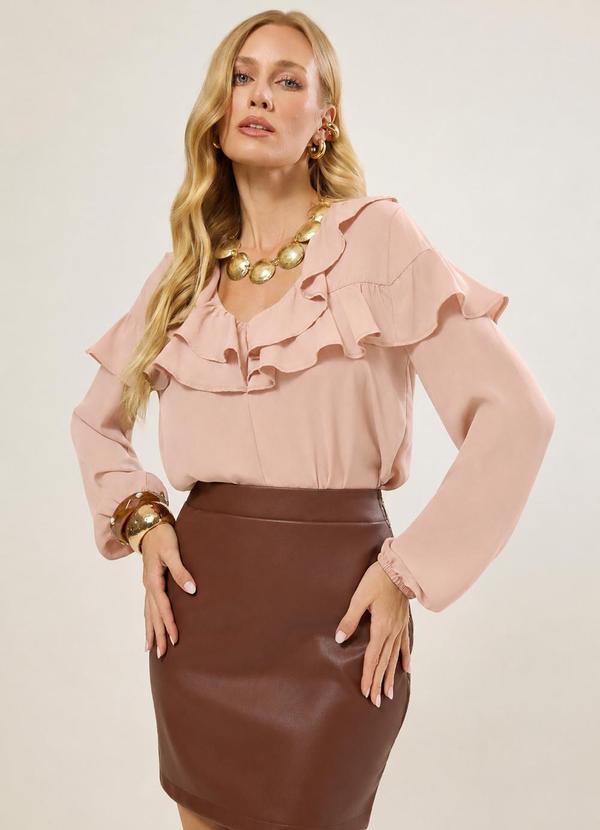 Blusa Manga Longa com Babados Nude Rosado