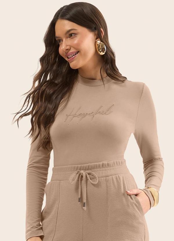 Blusa Manga Longa com Bordado Marrom