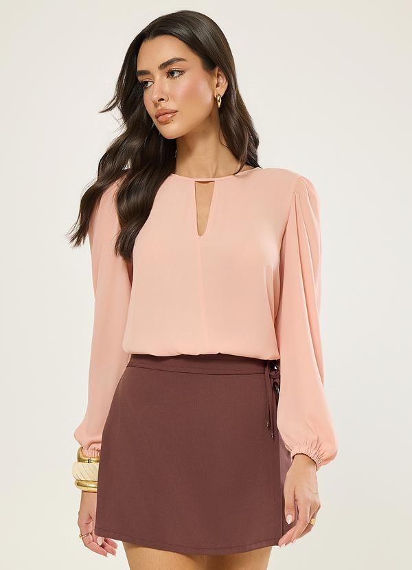 Blusa Manga Longa com Decote V Nude Rosado