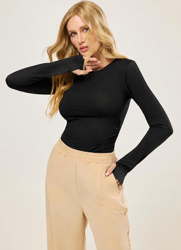 Blusa Manga Longa com Franzidos Preto
