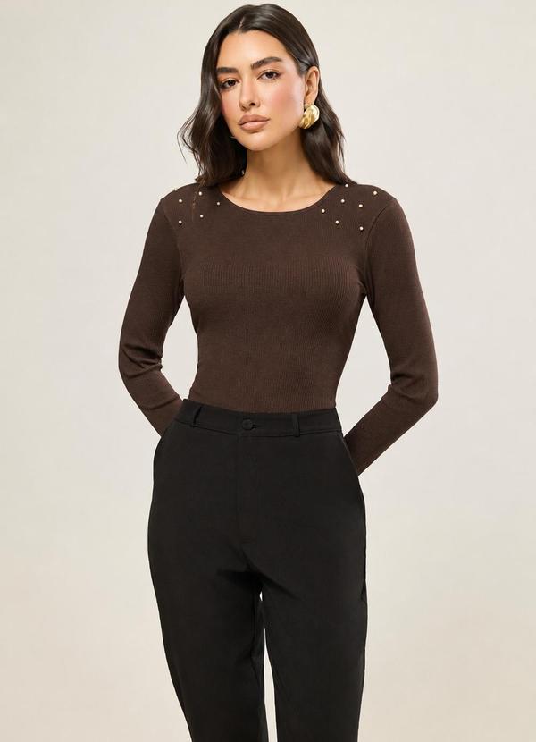 Blusa Manga Longa com Perolas Chocolate