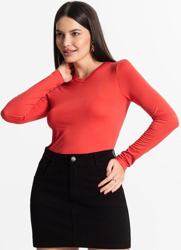Blusa Manga Longa Decote V Básica Laranja