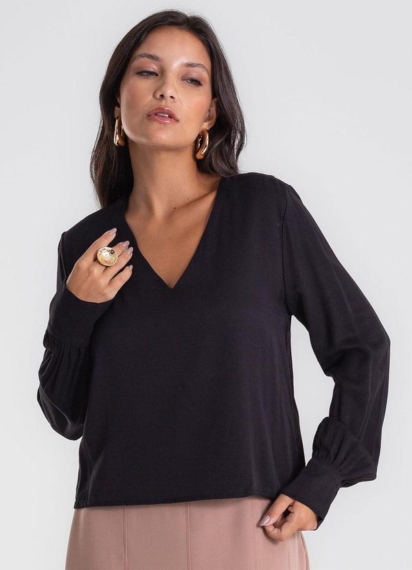 Blusa Manga Longa Decote V Preto