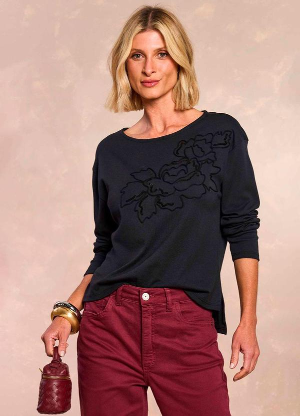 Blusa Manga Longa em Malha Suedine Preto