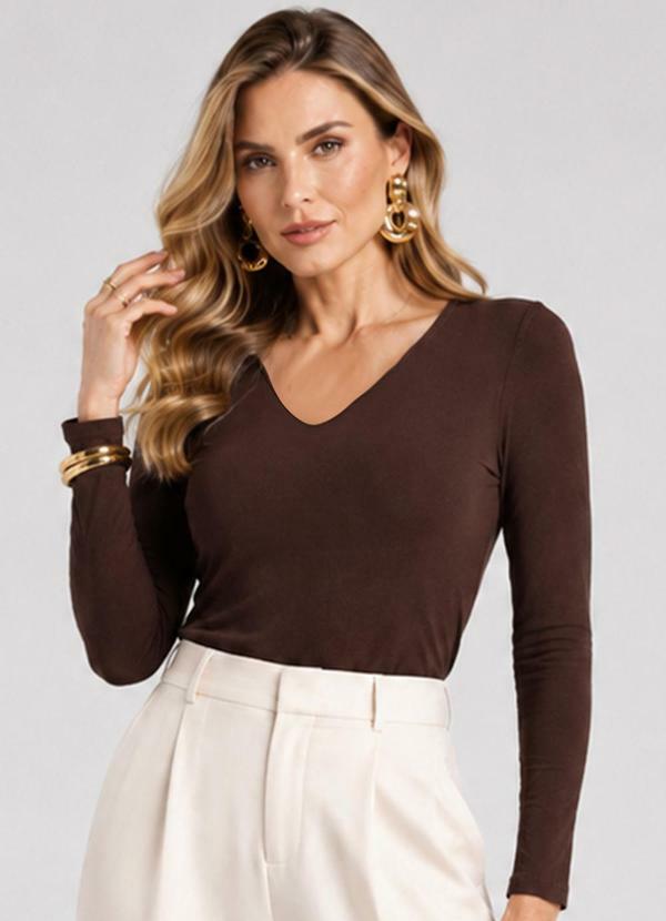 Blusa Manga Longa em Malha Visco Marrom
