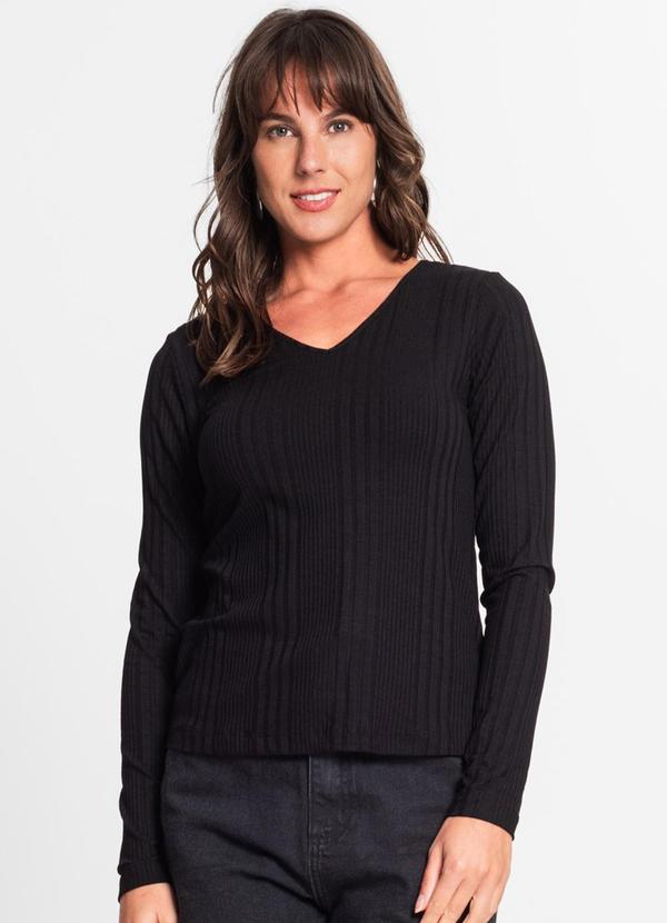 Blusa Manga Longa em Ribana Canelada Preto
