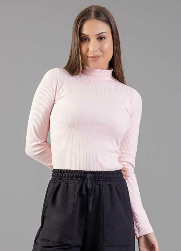Blusa Manga Longa Gola Alta em Ribana Rosa Claro