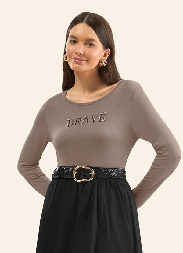 Blusa Manga Longa Estampada Marrom