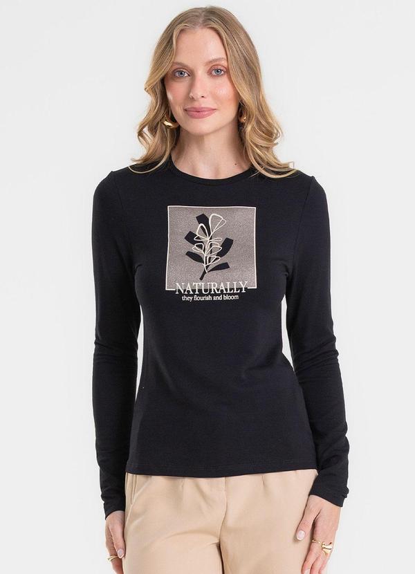 Blusa Manga Longa Estampada Preto