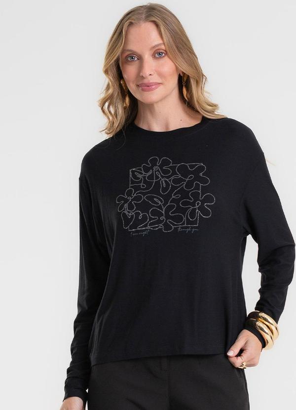 Blusa Manga Longa Estampada Preto
