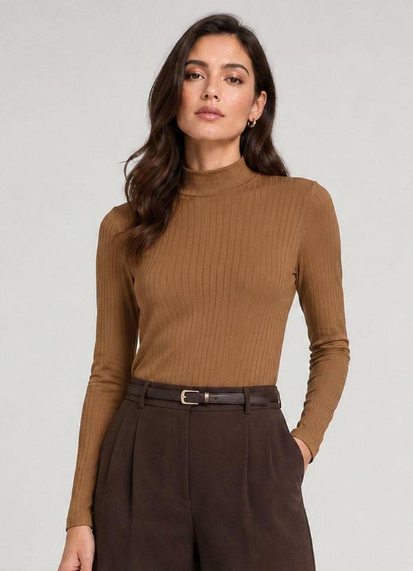 Blusa Manga Longa Feminina Canelada Marrom