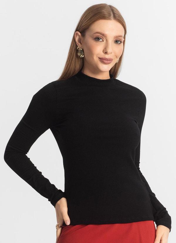 Blusa Manga Longa Feminina Canelada Preto