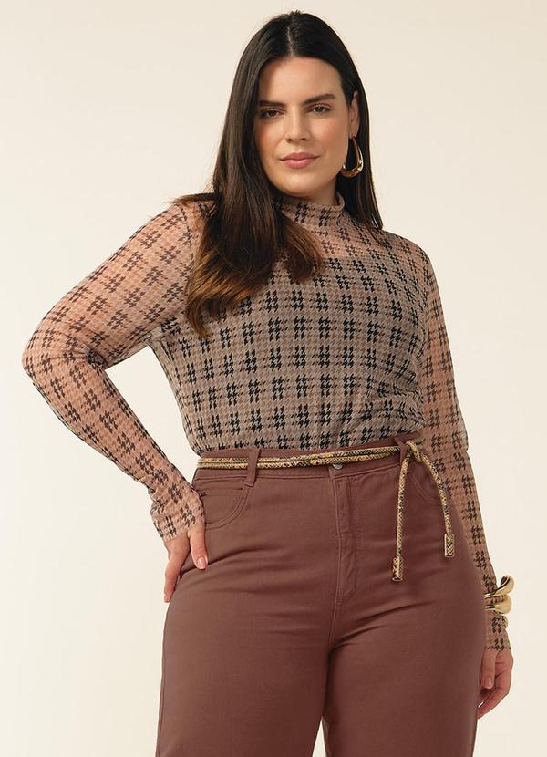 Blusa Manga Longa Feminina Tule Xadrez Marrom