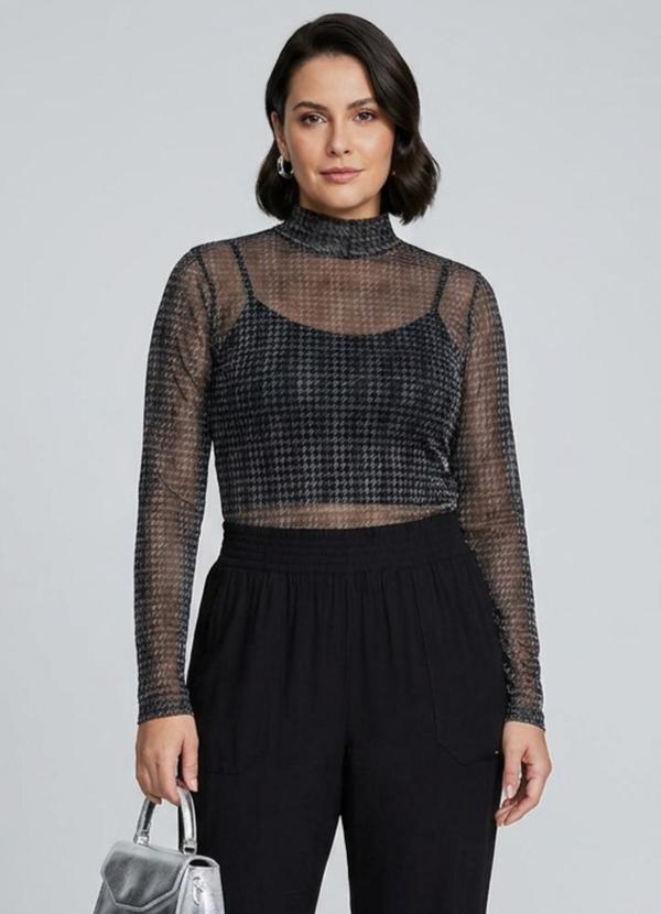 Blusa Manga Longa Feminina Tule Xadrez Preto