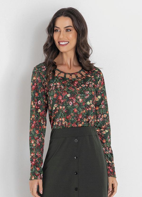 Blusa Manga Longa Floral Verde