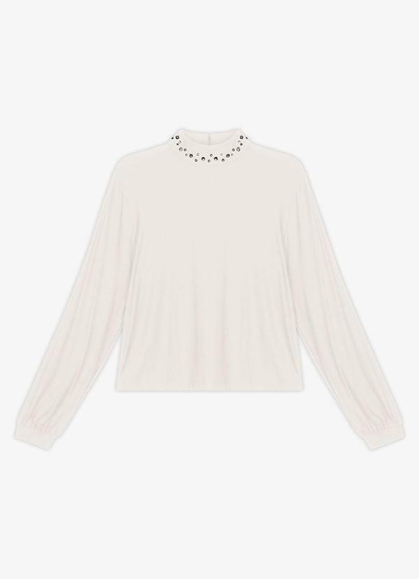 Blusa Manga Longa Gola com Rebite Bege