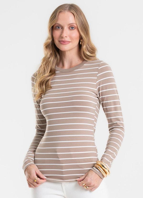 Blusa Manga Longa Listrada Básica Marrom