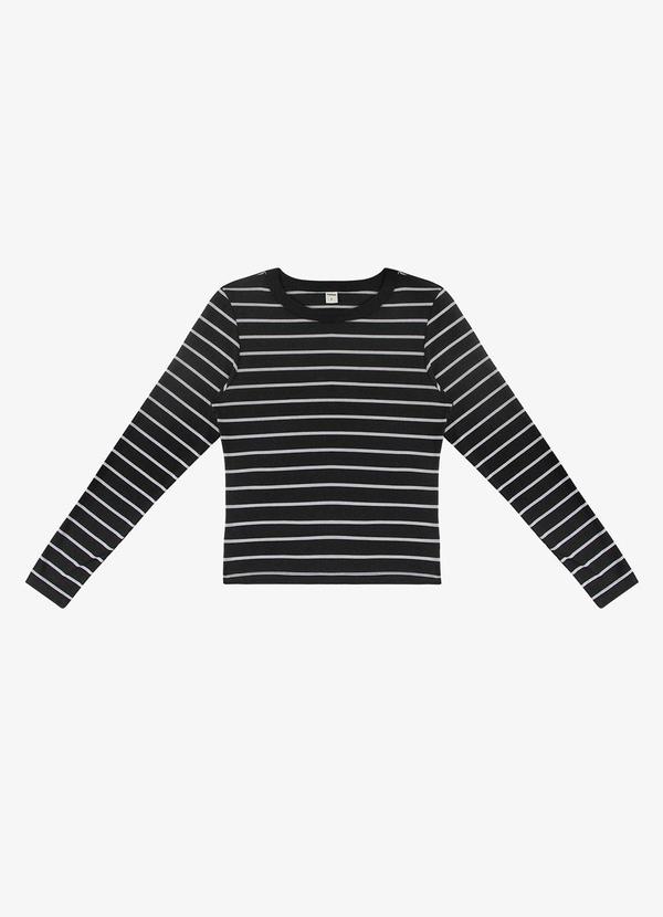 Blusa Manga Longa Listrada Básica Preto