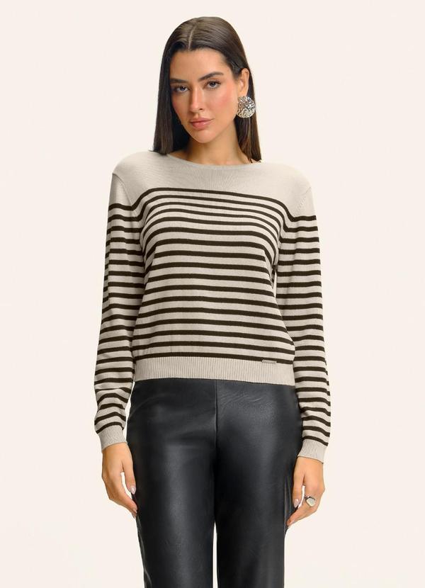 Blusa Manga Longa Tricô Listrado Bege