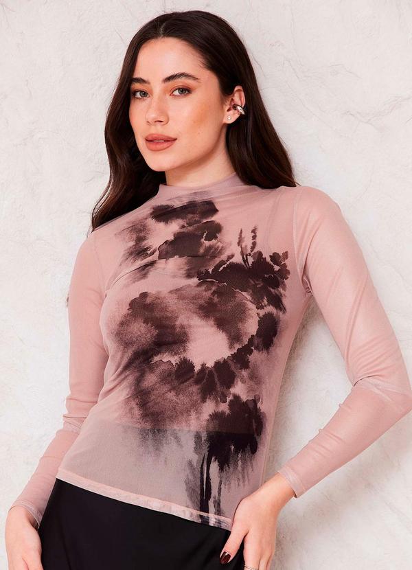 Blusa Manga Longa Tule Estampado Sunset Bege