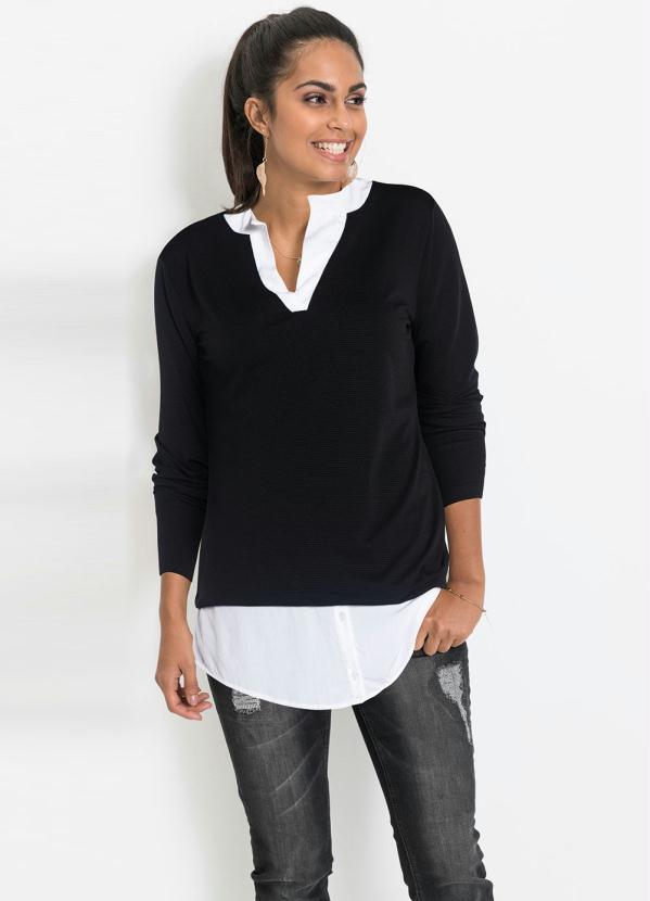 Blusa Mangas Longas com Visual Duplo Preto