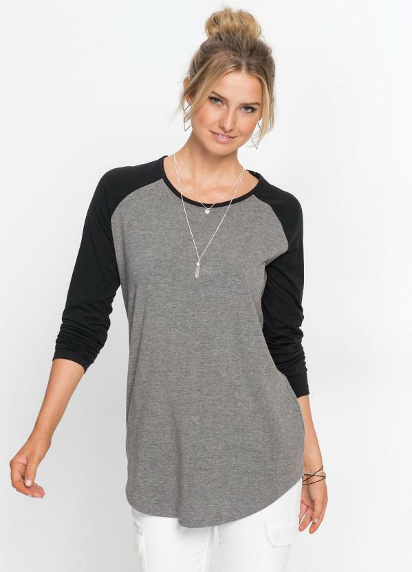 Blusa Mangas Raglan Cinza Mescla e Preto