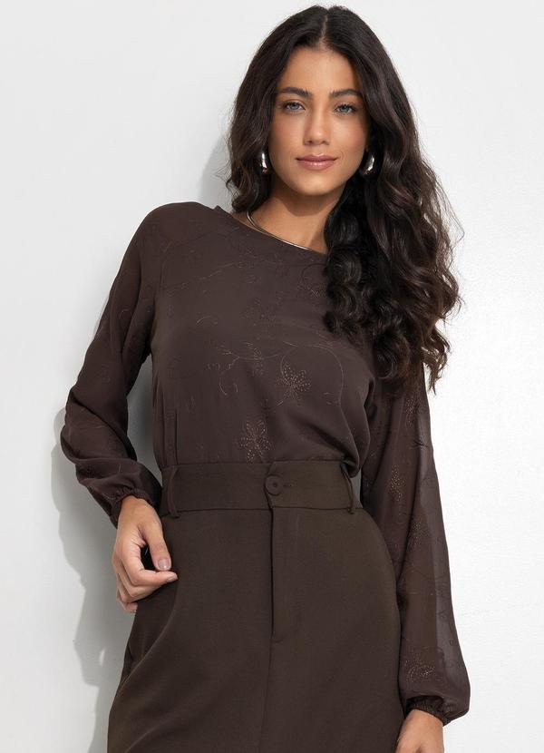 Blusa Marrom Bordado em Chiffon