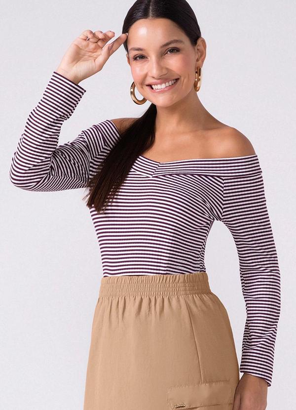 Blusa Ombro a Ombro Canelada Listras Roxo