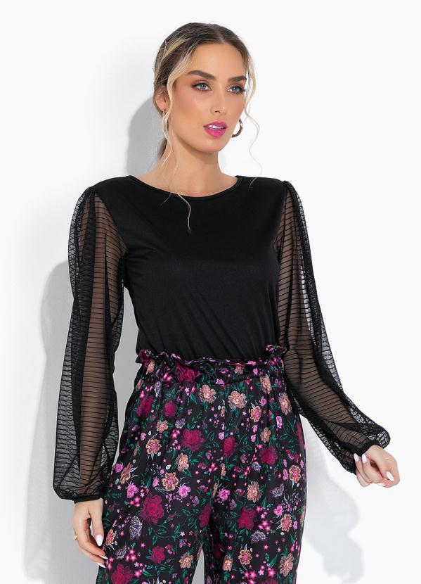 Vista 2 Blusa Preta com Mangas de Tule Bufantes Moda Pop Moda Pop