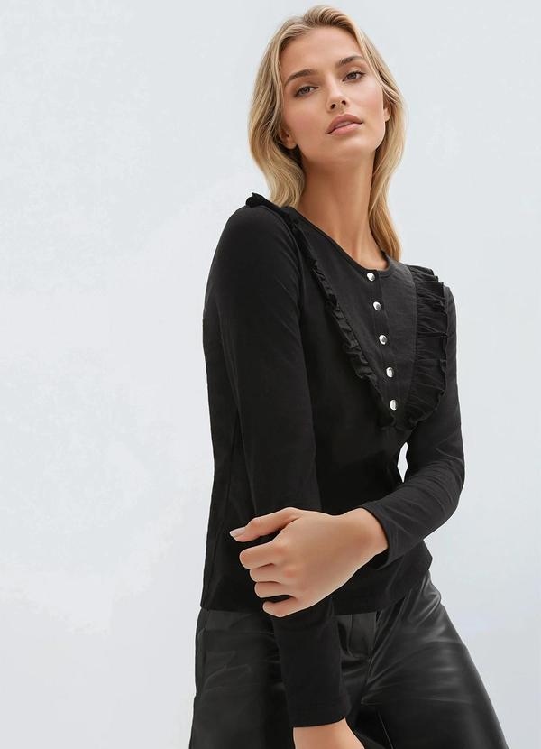 Blusa Preta em Malha de Algodão Penteado