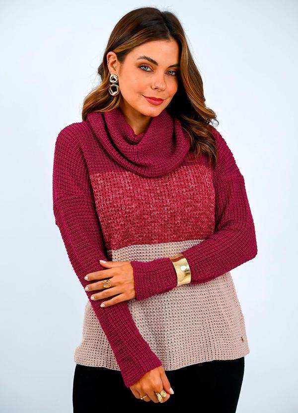 Blusa Tricot Gola Alta Bicolor Rosa