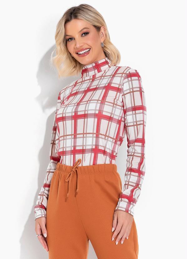 Vista 2 Blusa Xadrez Off White com Gola Alta Moda Pop Moda Pop