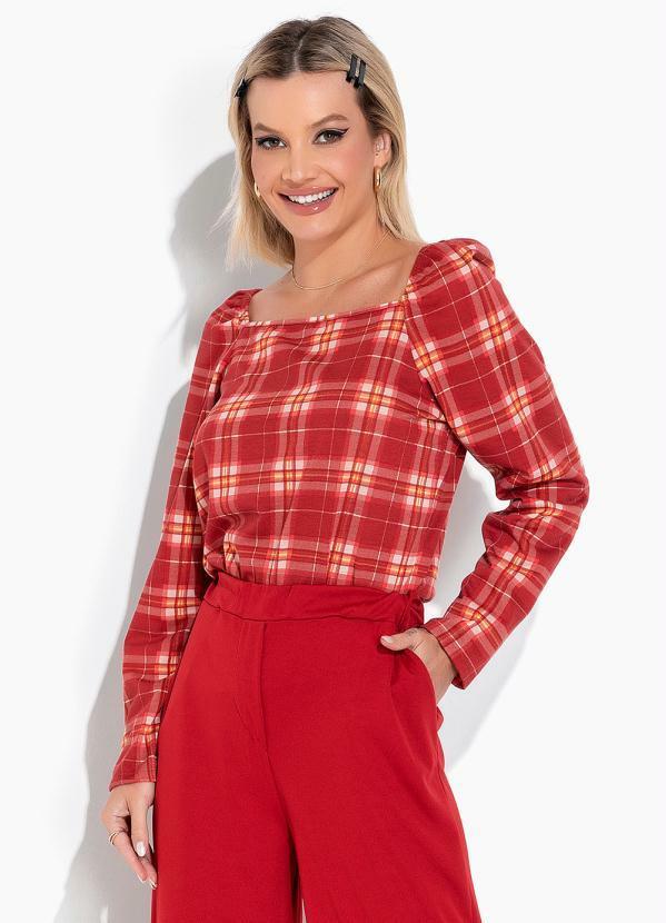 Blusa Xadrez Vermelho com Decote Quadrado