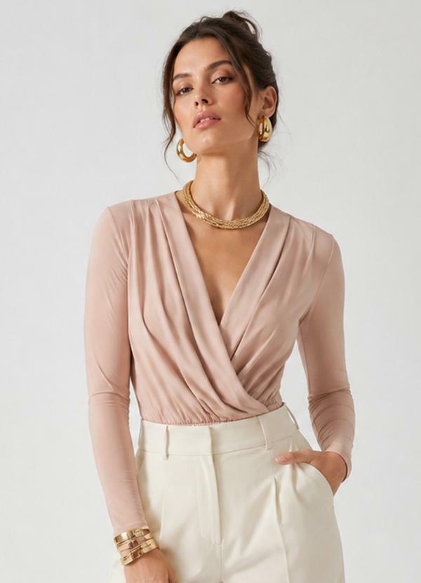 Body Feminino Manga Longa Transpassado Bege