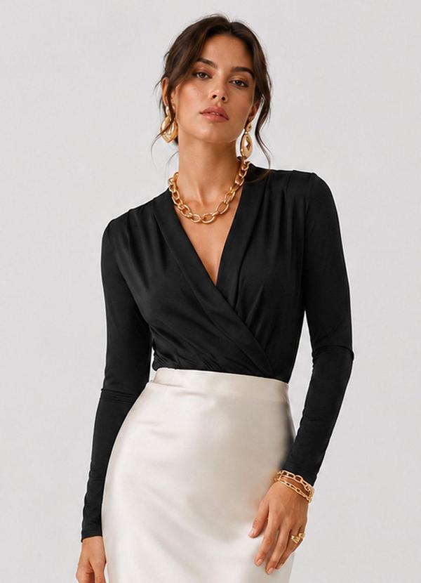 Body Feminino Manga Longa Transpassado Preto