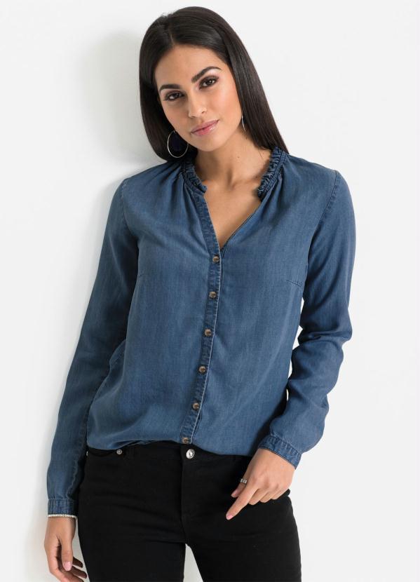 Camisa com Babado na Gola Azul