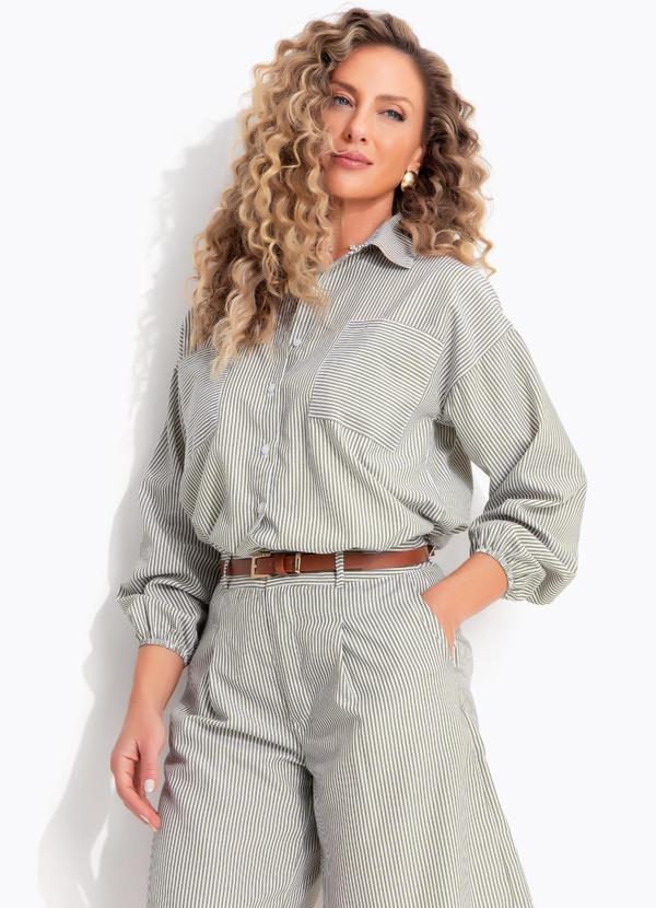 Camisa Listrado Oliva em Poliéster com Algodão,