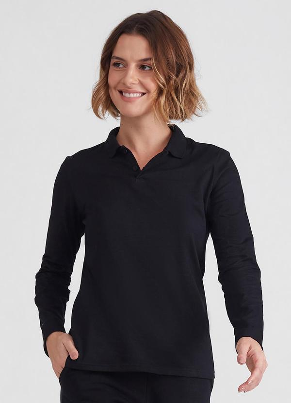Vista 2 Camisa Polo Manga Longa Feminina Preta Basicamente Basicamente