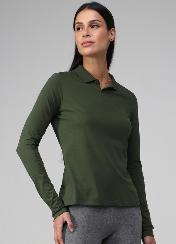 Vista 2 Camisa Polo Manga Longa Feminina Verde Selva Basicamente Basicamente