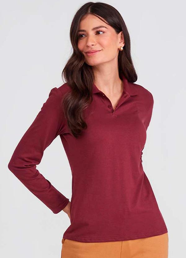 Vista 2 Camisa Polo Manga Longa Feminina Vermelho Vinho Basicamente Basicamente