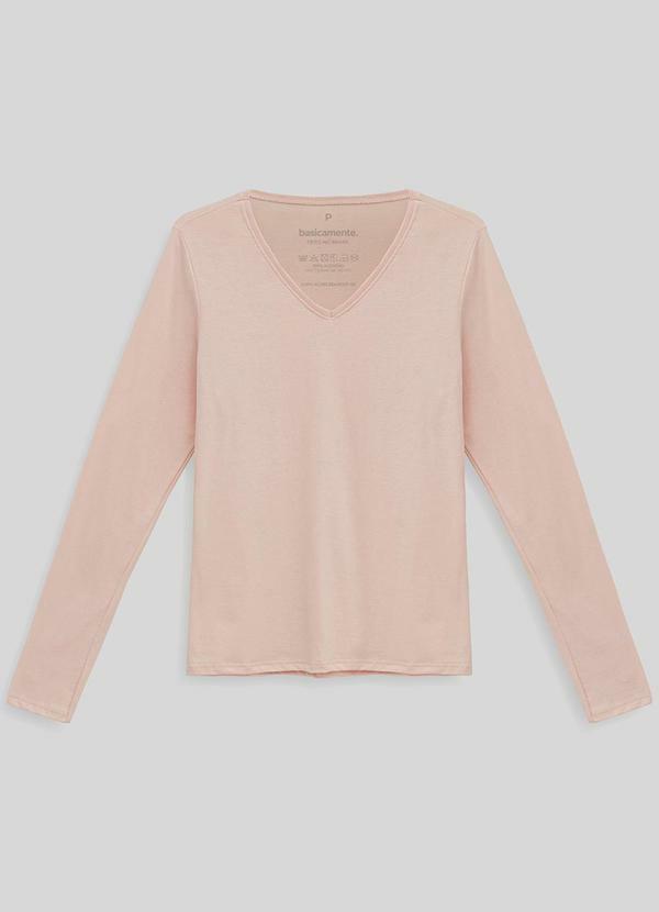 Camiseta Babylook Manga Longa Gola V Rosa Pastel