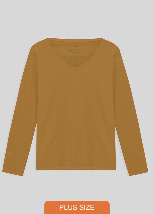 Camiseta Slim Gola V Manga Longa Plus Feminina