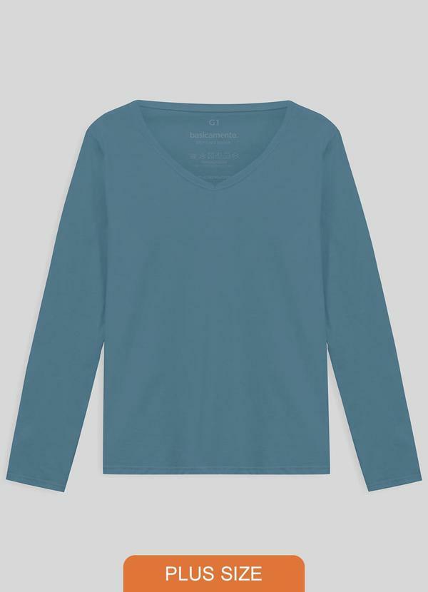 Camiseta Slim Gola V Manga Longa Plus Feminina
