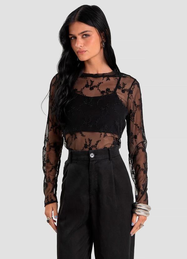 Conjunto Feminino Blusa de Tule com Top Preto