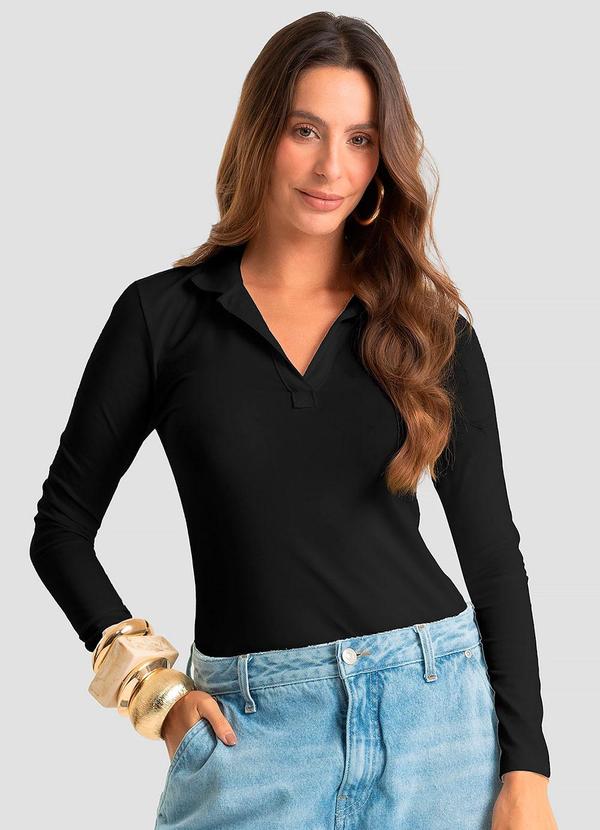 Polo Manga Longa Feminina Cotton Leve Preto