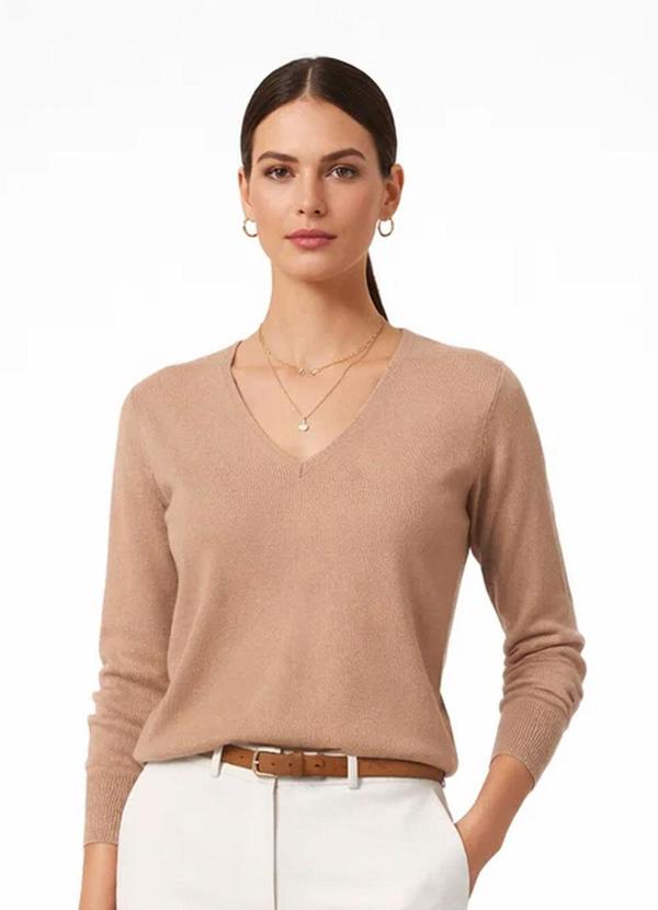 Vista 2 Sueter Feminino Gola V em Tricot Marrom Rovitex Rovitex