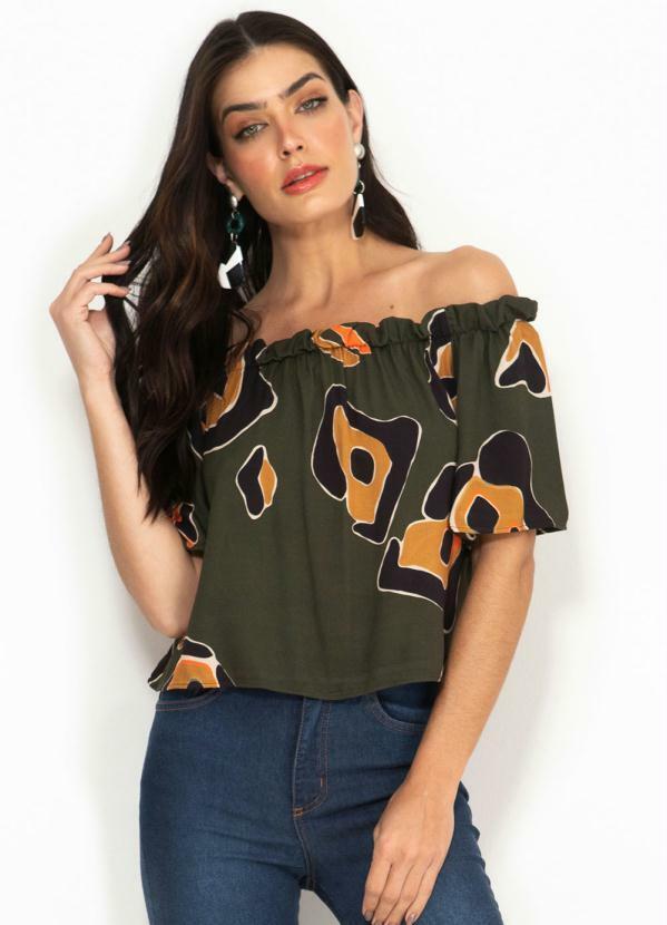 Vista 2 Blusa de Viscose Ombro a Ombro Estampada Verde Forum Forum