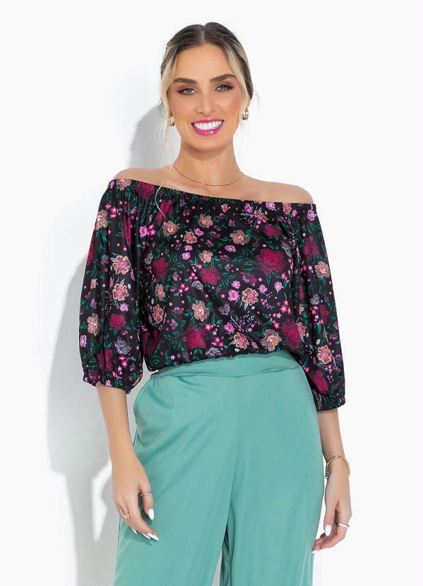 Vista 2 Blusa Floral Preto com Decote Ombro a Ombro Moda Pop Moda Pop