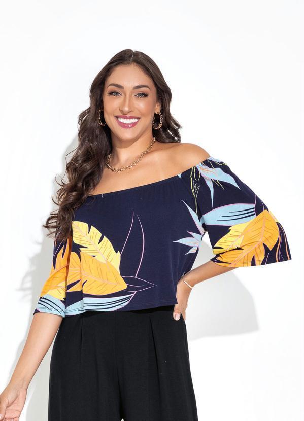 Blusa Folhagem Marinho em Malha de Viscose
