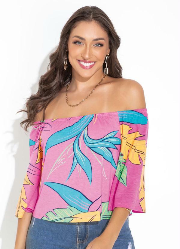 Blusa Folhagem Rosa em Malha de Viscose